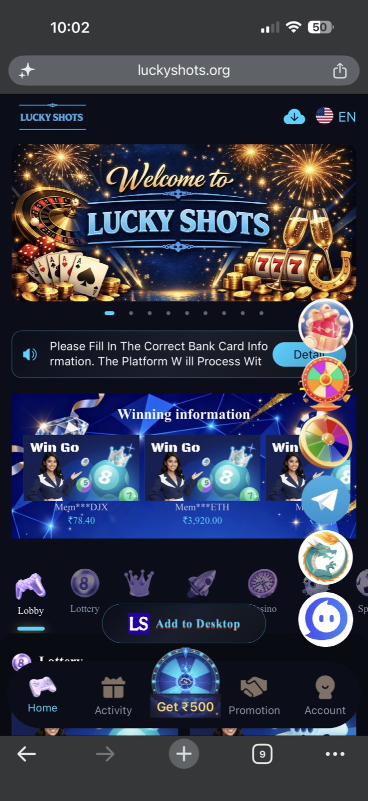 Lucky Shots home screen showing Welcome banner, Win Go winning information, Lobby and Casino tabs, and Get ₹500 promotion button
