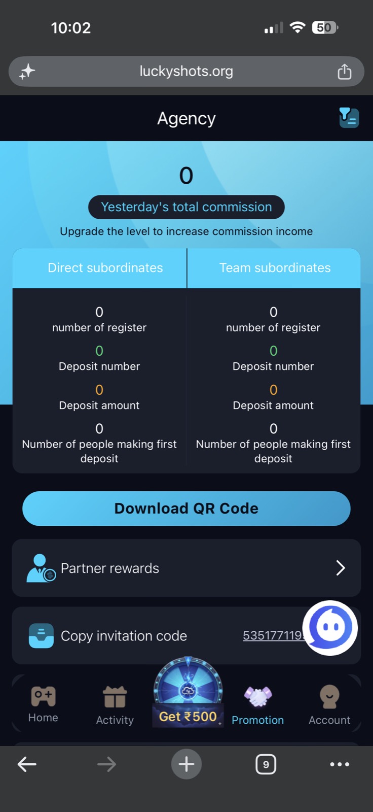 Lucky Shots Agency page showing yesterday's total commission, direct and team subordinates breakdown, Download QR Code button and Copy invitation code