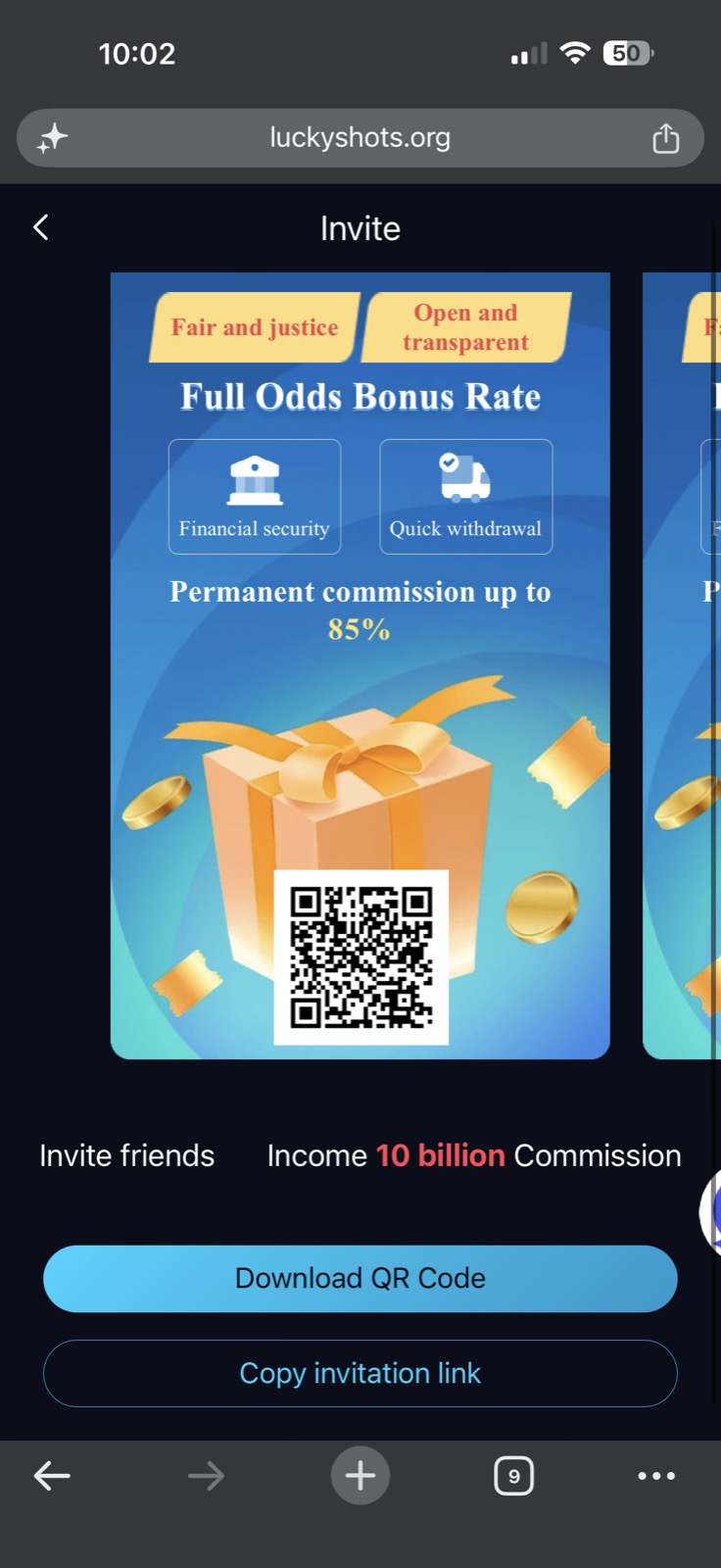 Lucky Shots Invite page showing Full Odds Bonus Rate banner, Permanent commission up to 85 percent, Fair and justice and Quick withdrawal badges, and QR code