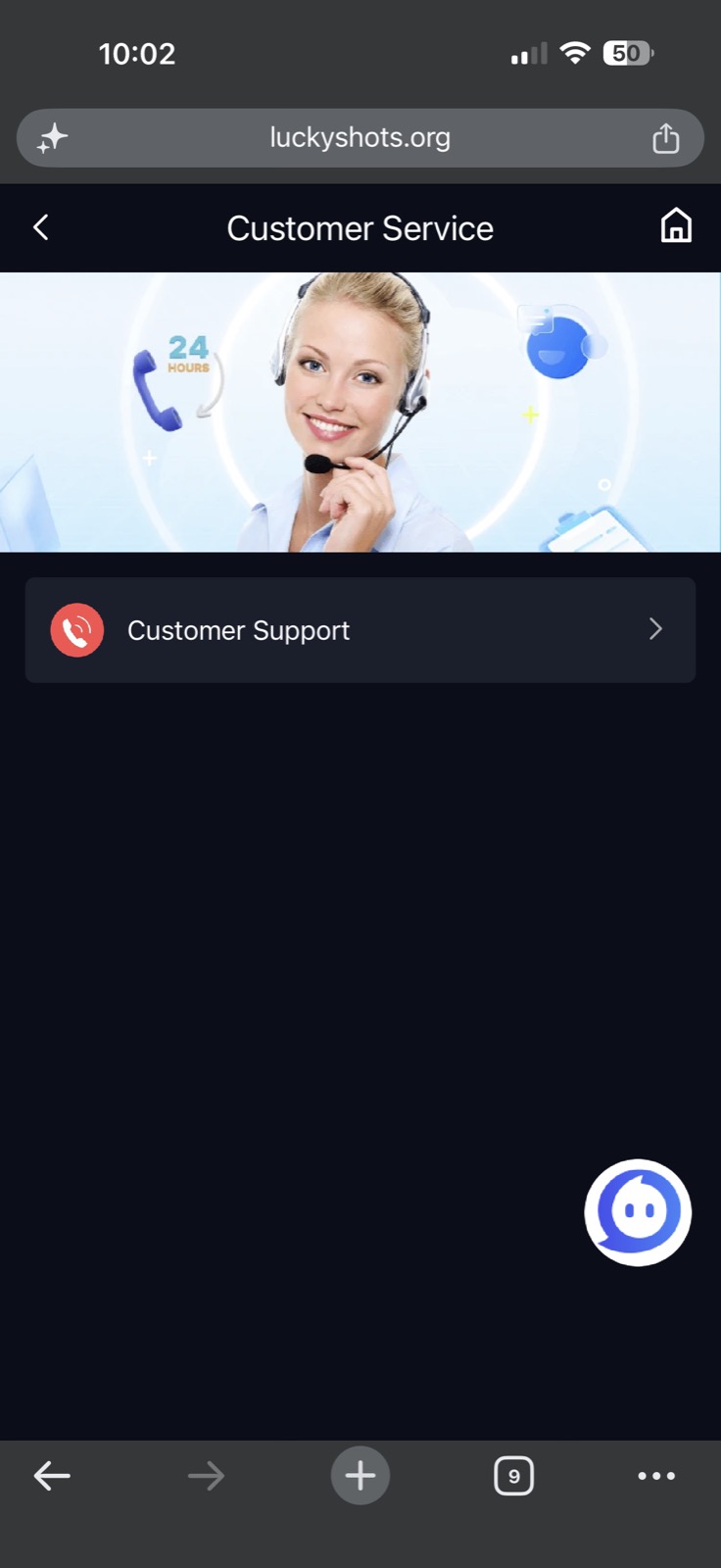 Lucky Shots Customer Service page showing 24-hour support agent banner and Customer Support contact button