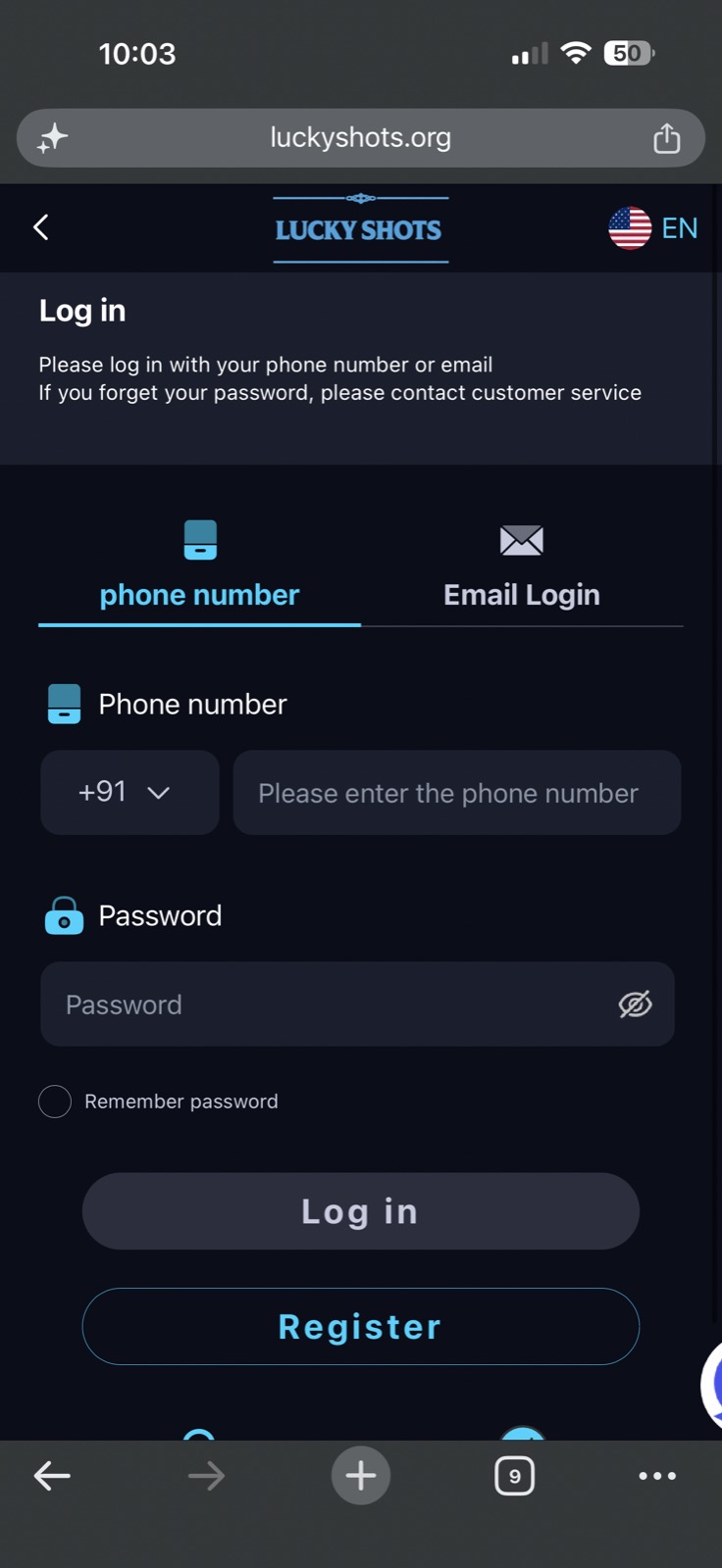Lucky Shots Log in screen with phone number and Email Login tabs, password field, Remember password checkbox, Log in button and Register button