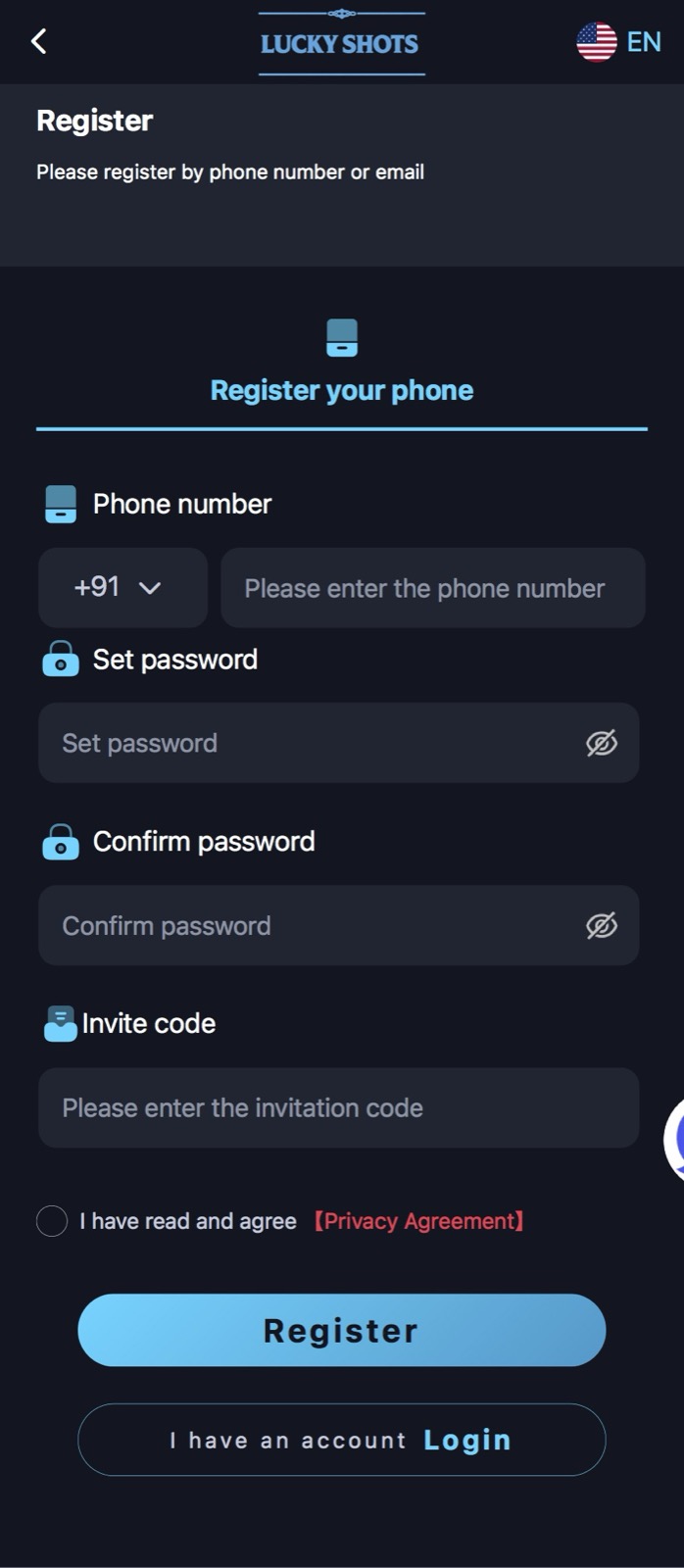 Lucky Shots Register screen with phone number field, Set password, Confirm password, Invite code, Privacy Agreement checkbox and Register button