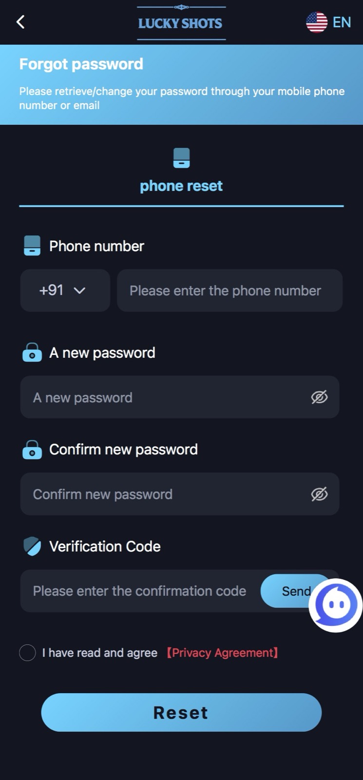 Lucky Shots Forgot password screen for phone reset, with phone number, new password, confirm new password, verification code Send button and Reset button