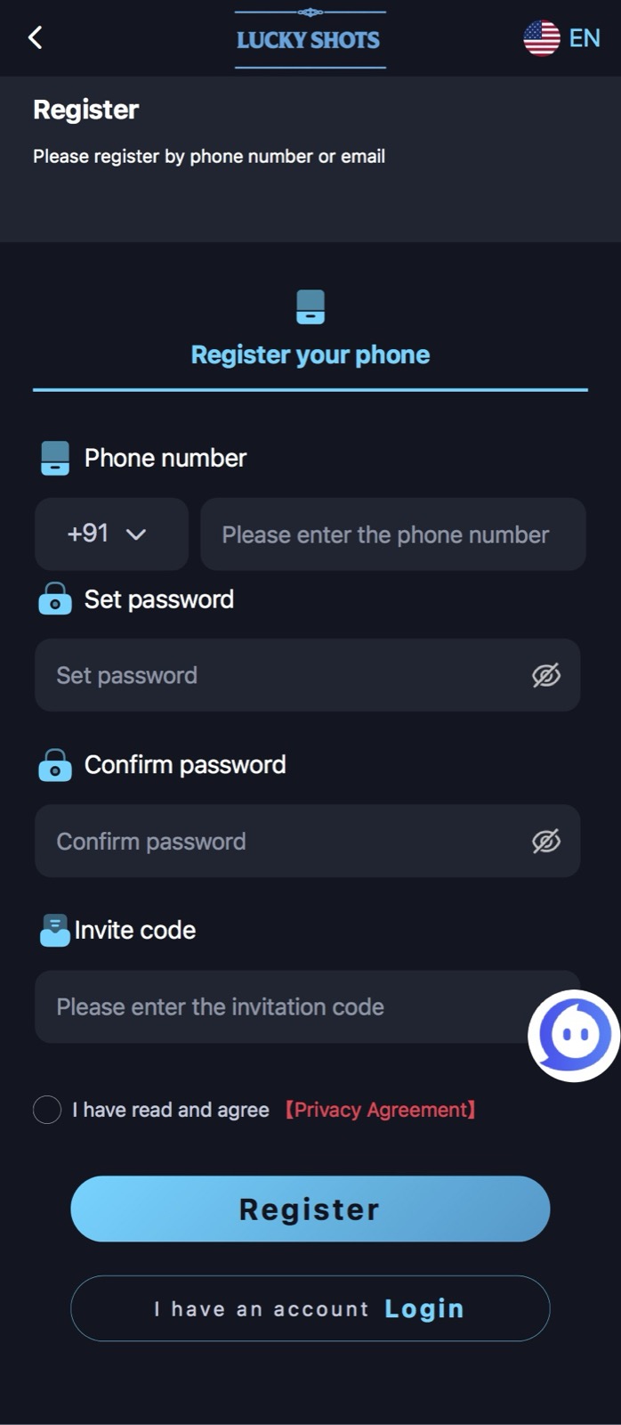 Lucky Shots Register screen showing phone, password, invitation code fields and the in-app live-chat support icon at the bottom right