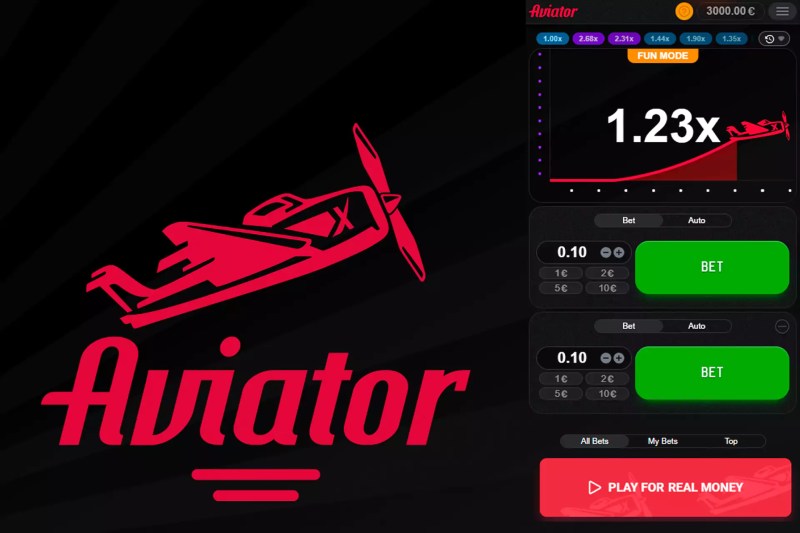 Aviator crash game by Spribe — promo art with pink stylized airplane wordmark next to the live game UI showing 1.23x multiplier, bet amount controls and Play For Real Money button